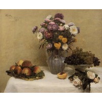 White Roses Chrysanthemums Peaches and Grapes on a Table