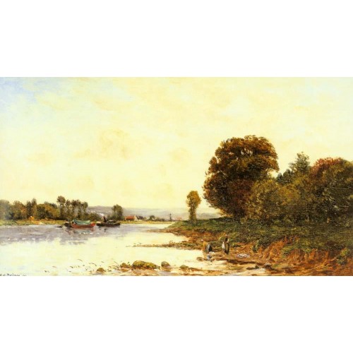 Washerwomen in a River Landscape with Steamboats beyond