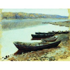 Landscape on volga boats by the riverbank 1878