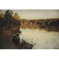 Sunset over a forest lake study