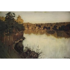 Sunset over a forest lake study