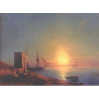 Figures in a coastal landscape at sunset