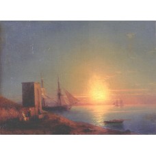 Figures in a coastal landscape at sunset
