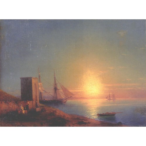 Figures in a coastal landscape at sunset