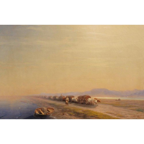 Ox train on the sea shore 1860