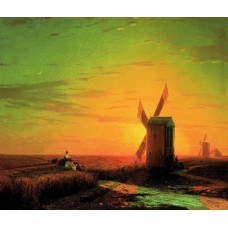 Windmills in the ukrainian steppe at sunset 1862