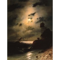 Moonlit Seascape With Shipwreck