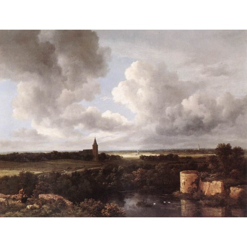 An Extensive Landscape with a Ruined Castle and a Village Ch