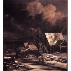 Village at Winter at Moonlight