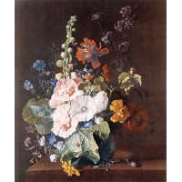 Hollyhocks and Other Flowers in a Vase