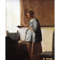 Woman in Blue Reading a Letter