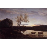 Pond with Three Cows and a Crescent Moon