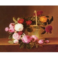 A Basket Of Roses On A Ledge