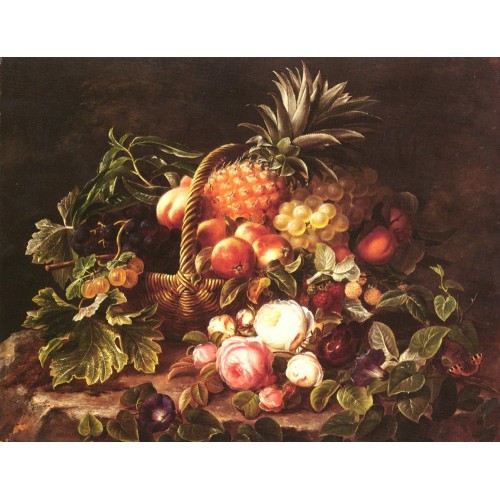 A Still Life Of A Basket Of Fruit And Roses