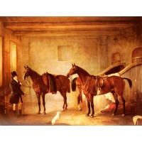 Sir John Thorold's Bay Hunters With Their Groom In A Stable