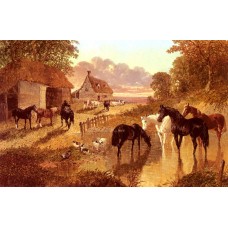 The Evening Hour Horses And Cattle By A Stream At Sunset