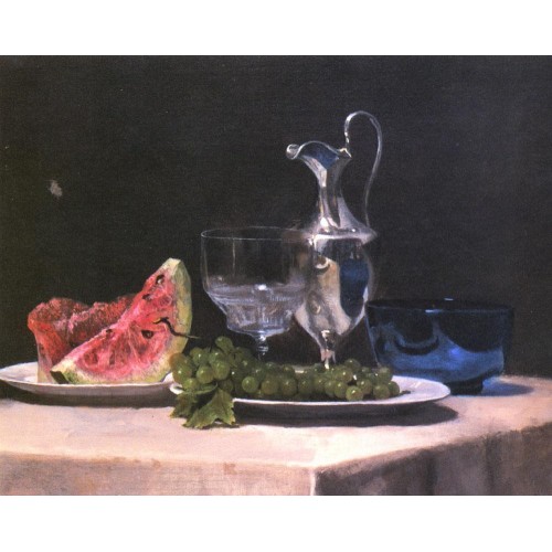 Still life study of silver glass and fruit