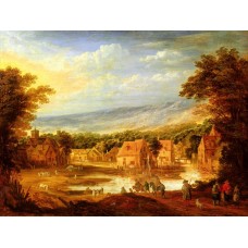An extensive river landscape with travellers approaching a v