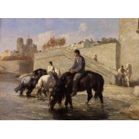 Chevaux s'Abreuvant dans la Seine Derriere Notre Dame