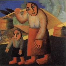 Peasant woman with buckets and a child