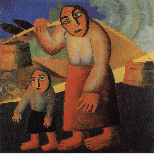 Peasant woman with buckets and a child