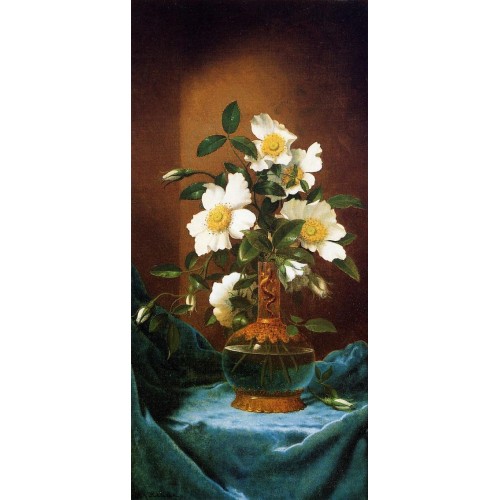 White Cherokee Roses in a Salamander Vase