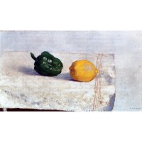 Pepper and Lemon on a White Tablecloth