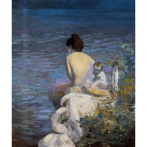 Bather with Child and Swan by the Sea