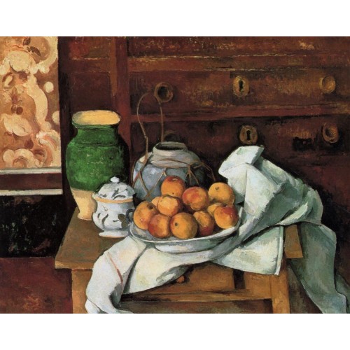 Vessels Fruit and Cloth in front of a Chest