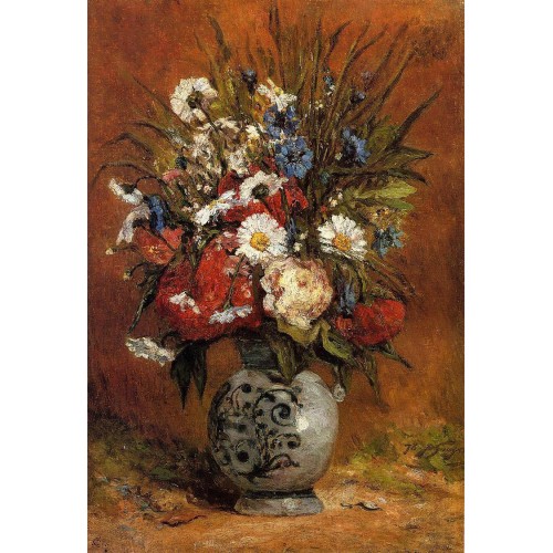 Daisies and Peonies in a Blue Vase