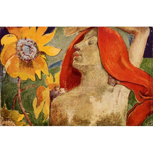 Readheaded Woman and Sunflowers