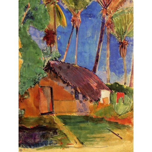 Thatched Hut under Palm Trees