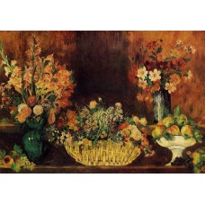 Vase Basket of Flowers and Fruit