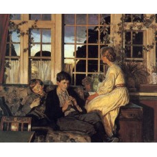 A Mother and Children by a Window at Dusk