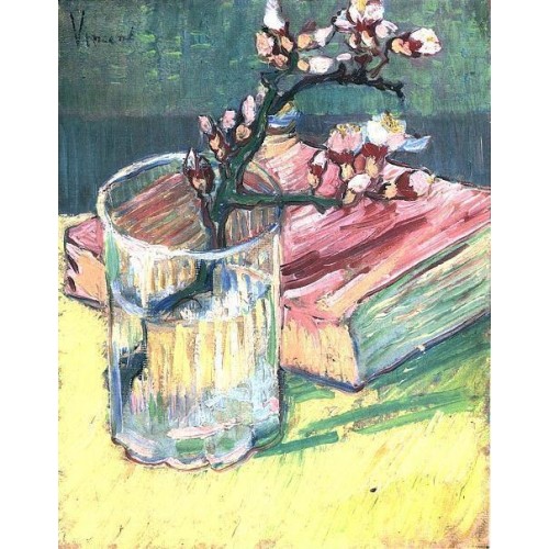 Blossoming Almond Branch in a Glass with a Book