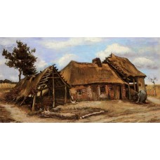 Cottage with decrepit barn and stooping woman