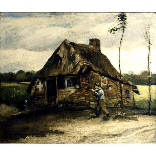 Cottage with peasant coming home