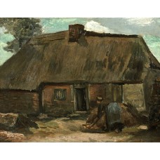 Cottage with peasant woman digging