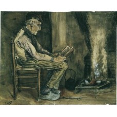 Farmer sitting at the fireside and reading
