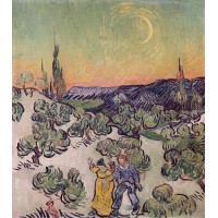 Landscape with couple walking and crescent moon