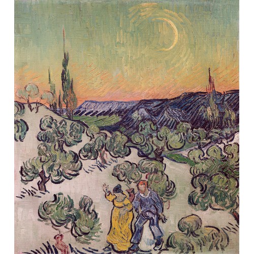 Landscape with couple walking and crescent moon