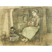 Mother at the cradle and child sitting on the floor