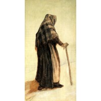 Old woman with a shawl and a walking stick