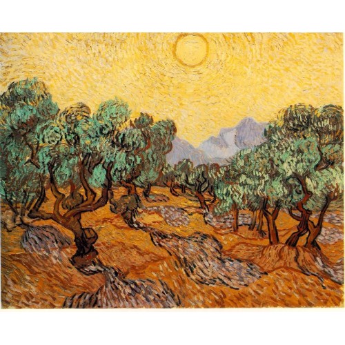 Olive Trees with Yellow Sky and Sun