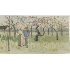 Orchard in blossom with two figures spring