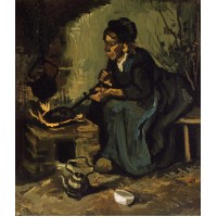 Peasant woman cooking by a fireplace