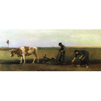 Ploughman with woman planting potatoes