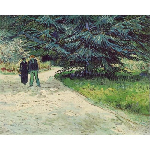 Public Garden with Couple and Blue Fir Tree