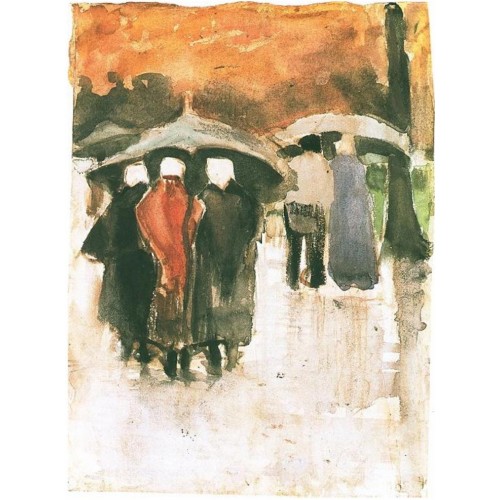 Scheveningen women and other people under umbrellas