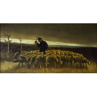 Shepherd with a flock of sheep